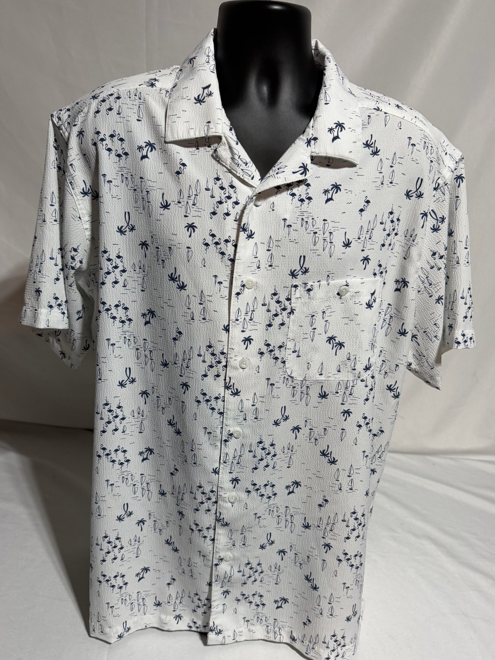 Haggar White Navy Tropical Flamingo Palm Sailboat Camp Shirt XL